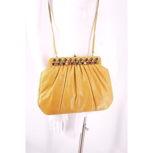 Judith Leiber lizard karung yellow jeweled leather shoulder bag clutch vintage - Picture 4 of 10